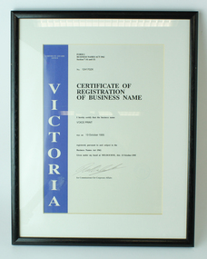 Text, Certificate of Registration of Business Name - Voice Print, 13 October 1995