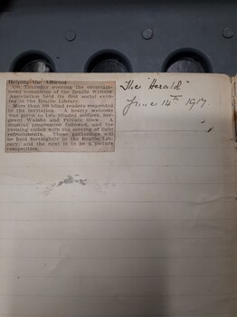 Newspaper cutting about the first social evening held at the Braille Library