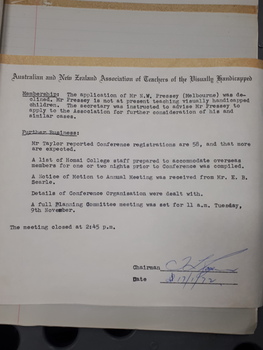 Meeting minutes of the Australian and New Zealand Association of Teachers of the Blind (later Visually Handicapped)