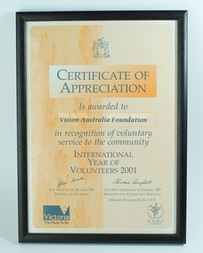 Text, Certificate of Appreciation - International Year of Volunteers, 2001