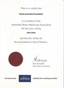 White page with black writing, red seal and ADMA blue logo