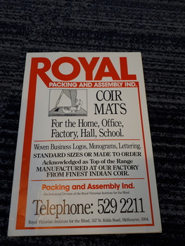 Royal in red letters with drawing of person walking on mat and description of services