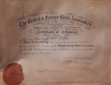 Text, The British & Foreign Blind Association certificate of efficiency, 25/9/1908