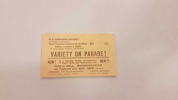 Rectangular paper ticket for Variety Parade