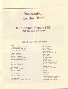 Title page of 1984 Annual Report with names of officer bearers and committee