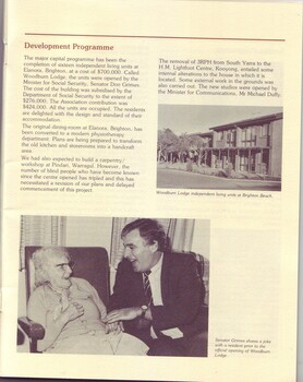 Woodburn Lodge from the outside and inside Senator Grimes shares a joke with a female resident