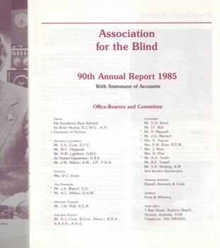 Title page of the 90th Annual Report 1985 for the Association for the Blind