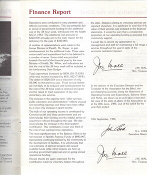 Finance report signed by Treasurer and Executive Director