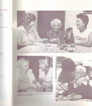 Three females playing cards.  Elderly resident is helped with needlework by a nurse.  A kitchen staffer gives a hug to an elderly resident.