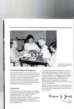 Three female residents knit and sew at a table with a volunteer