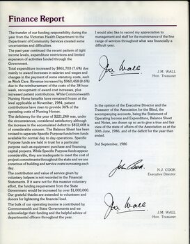 Finance report signed by Treasurer and Executive Director