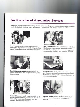 6 images of people having eyes tested, learning to use a white cane, being fed, playing swish, using a large print clock and doing woodworl