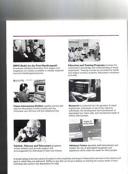 6 images of people in RPH studios, on Info Hotline, on telephone, using a magnifier, cheque writing templates and training in a classroom
