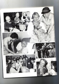 Six images of resident playing music, patting dogs, in comfortable chairs, riding a horse, showing basketry to school children and with a young child