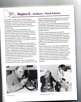An elderly man uses a ham radio.  A male speaks with an elderly female holding a white cane.