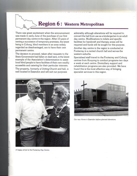 An AFB staff member welcomes an elderly man.  The church in Essendon before it was changed to the AFB office.