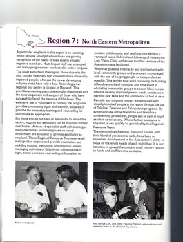 Two men chat over a cup of tea.  Mrs Nancye Cain speaks with a Macleod Day Centre member.