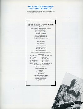 Title page with office bearers and committee list.  Elderly woman with a keyboard device.