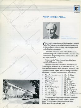 Portrait of Vision Victoria Appeal Chairman Arnold Hancock and illustration of proposed building.