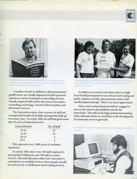 Peter Rickards with his book Popular Activites and Games for Blind, Visually Impaired and Disabled People.  Paul McNamee and Peter McNamara with Ray Lord, preparing for Moomba Celebrity Classic Fun Run.  Bill Jolley at the keyboard of a talking computer.
