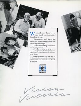 Two volunteers in 3RPH studio.  Two men talking.  An elderly woman is assisted by a nurse to walk using a bannister.  A woman assists an elderly woman to use a white cane in a lounge room.