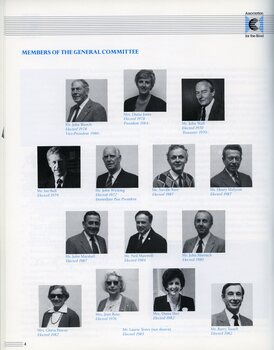 Portraits of the General Committee: Diana Jones, John Blanch, John Wall, Ian Bult, John Wicking, Neville Kerr, Henry Malycon, John Marshall, Neil Maxwell, John Mierisch, Gloria Pascoe, Jean Ross, Diana Sher and Barry Tassell.