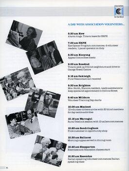 6 photographs of volunteers with blind members.  A list of various volunteer roles and their commitments is listed.