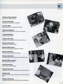 6 photographs of volunteers with blind members.  A list of various volunteer roles and their commitments is listed.
