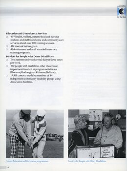 Volunteer helping a member play golf.  A woman adjusts headphones on a man to demonstrate a TV related device.