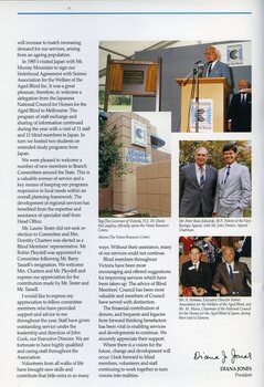 Victorian Governor Dr Davis McCaughey opens the Vision Resource Centre.  Vision Victoria sign.  Peter Ross-Edwards and John Panton, Patron and Chairman of the Baringa Appeal.  A. Homma and M. Miura from Japan, visit Elanora. 