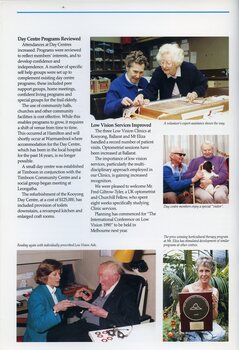 Volunteer helps a day centre member with the loom.  2 day centre members pat a dog.  A woman helps an elderly man use a magnifying glass.  A woman holds the Royal Horticultural Society of Victoria award at Mt Eliza.