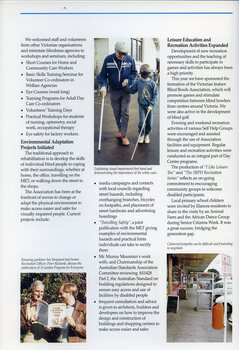 An elderly man with white cane holds the hand of a young child wearing a blindfold and holding a white cane.  Ian Sheppard and Peter Rickards with book 'Garden Program for Everyone'.  Surburban footpath image with signboards, telephone booth and bin mounted on parking sign.