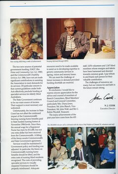 Elderly woman smiling.  Elderly man with headphones one next to a radio cassette player on a bench.  Mal Waldon laughing as he listens on a telephone surrounded by people and Jennifer Gibbons, with a cake in front of him.