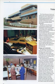 Front view of Kooyong road building.  People in 3RPH studios.  Elderly people being shown products in Technology area.