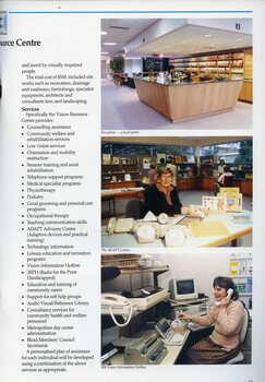 Reception desk at Kooyong. Woman in the ADAPT centre showing products.  Christine de Clifford on the Information Hotline.