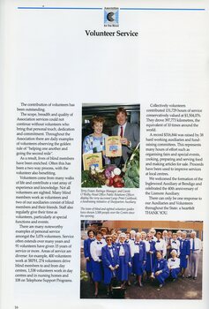 Terry Fraser, Baringa Manager, and Carole O'Reilly, PR officer, show Large Print Cookbook.  Volunteer Kooyong tour guides outside the building.