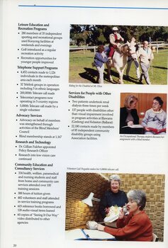 Lady riding on a horse with two helpers and man holding reins.  Occupational Therapy student speaks with a blind member. Volunteer Gail Tregaskis makes her 5000th telecare call with another volunteer beside her, holding flowers.