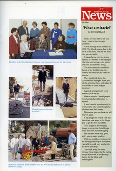 John Cook with Blind Members Council.  Elderly man with white cane faces obstacles on footpath: abandoned bike and A frame stand, abandoned shopping trolley, and open car door.  Blind members visit Port of Echuca museum.