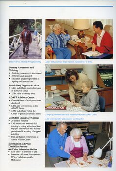 Elderly man using white cane on parkland walk.  Female member enjoys a visit from the AFB.  Elderly female trials a telephone overlay with ADAPT staffer.  Volunteer helps member to adjust a picture.