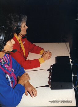 Carole Grace and Majorie West describe The Crucible, the inaugural play for audio description, at the Playhouse Theatre.