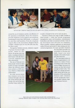 Two photographs of Chilean Australians around a table during a telelink group.  Maree Jane and Archie McLean are part of the Illawarra Tigers Blind Bowling team.