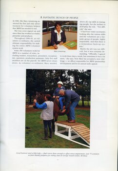 Mary Armstrong at a desk.  Jean Hanley prepares for riding class at the George Vowell Centre, with two volunteers assisting.