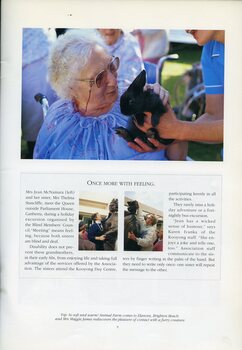 Maggie James pats a rabbit at Elanora.  Jean McNamara and Thelma Stancliffe feel a statue of Queen Elizabeth II.