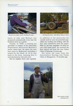 Michael Fazio feeding pigs, driving a tractor and holding a magnifier whilst standing in a paddock.