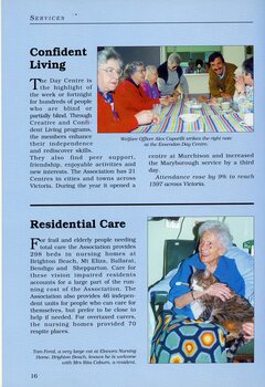 Welfare Officer Alex Caporilli chats with Essendon Day Centre members at a dining table.  Rita Coburn holds Tom Feral (a cat) at Elanora.