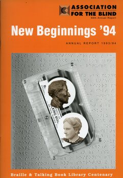 Cassette tape with images of Tilly Aston and bronze bust of Louis Braille over the top, and a braille page in the background.