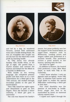 Portrait of May Harrison and Tilly Aston.  Small image of a woman hand punching braille with a frame and backboard.