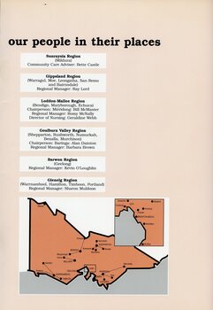 Managerial staff in AFB offices.  Map of Victoria showing offices.