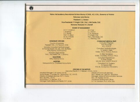 List of Main Office Bearers, including consulting medical staff and Patrons