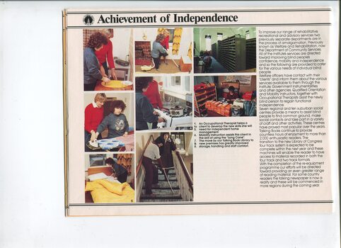 Images of occupational therapy in the home and people working in the talking book library